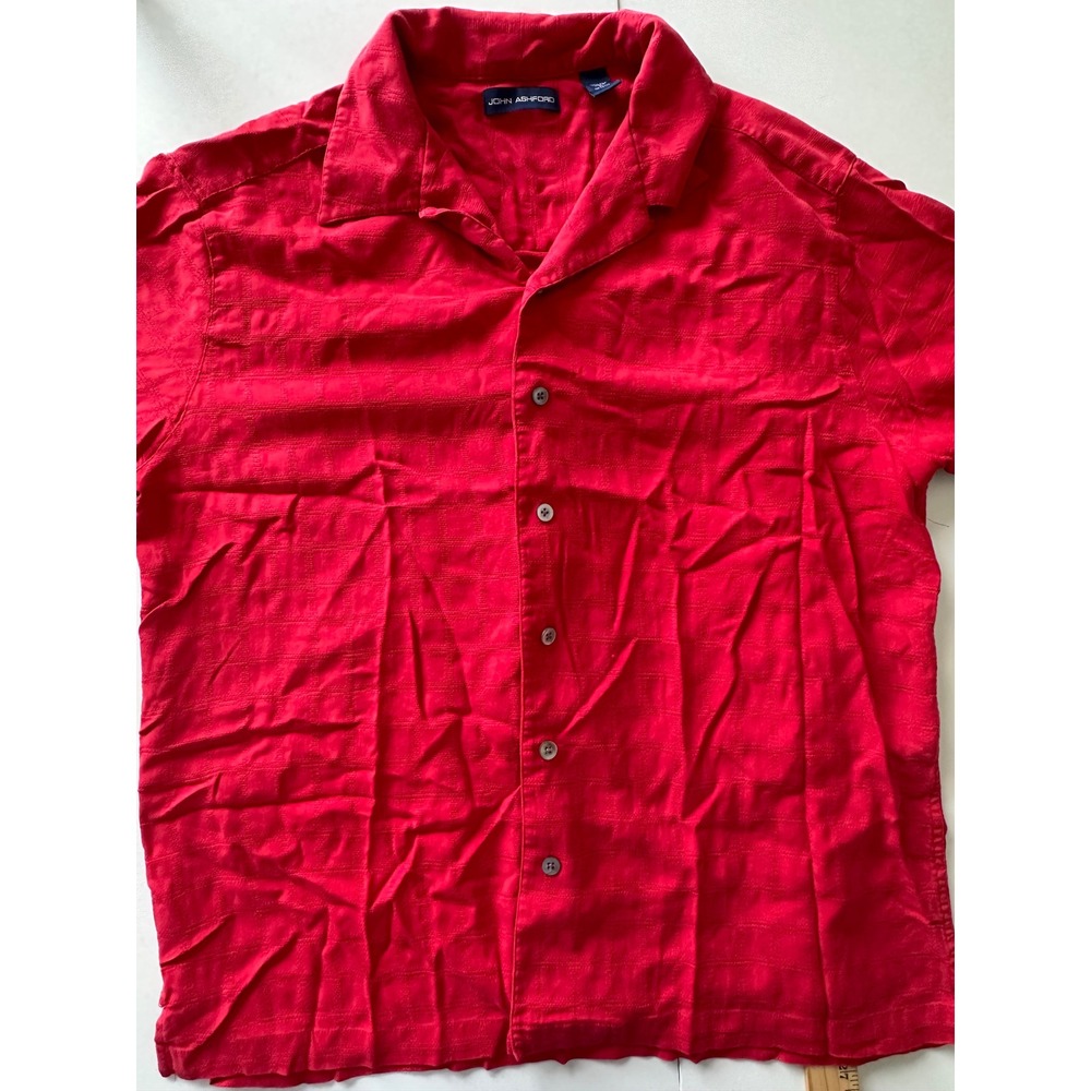 John Ashford Mens Red 100% Silk Textured Short Sleeve Camp Button Down Shirt L